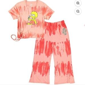 Lisa Simpson Kids Coral Tie-Dye Pajama Set with Floral Graphic Large Girls Large